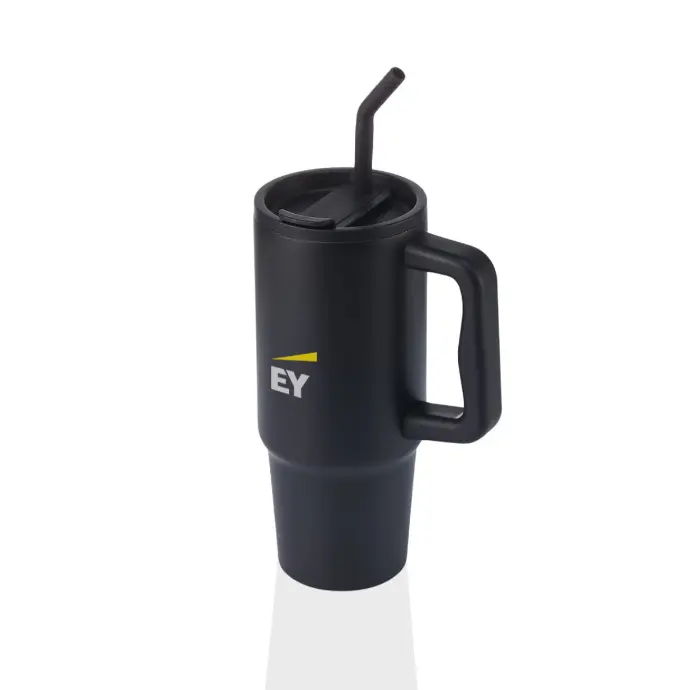 EY - Bern Recycled Stainless Steel Tumbler with Reusable Straw - Black